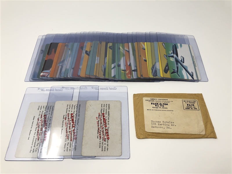 F270-18 Quaker Pack-O-Ten “Warplanes” text back set of 27 (NM/MT) with original mailing envelope. Plus 3 “Sample” cards. 