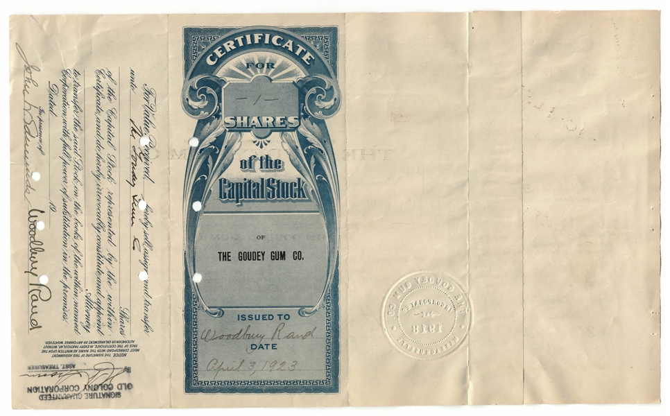 1923 Goudey Gum Company Original Stock Certificate with Goudey and Delong signatures