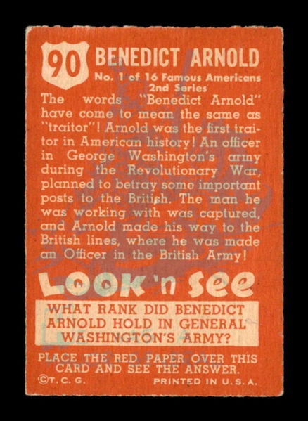 1952 R714-16 Look n See – Original (reverse) Artwork (Topps Vault) #90 Benedict Arnold