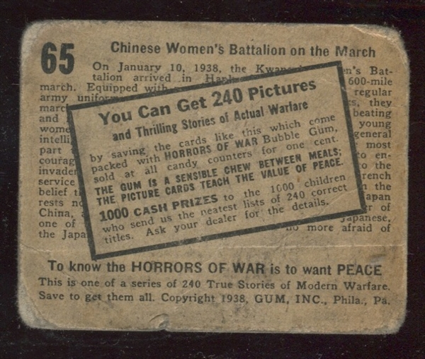 R69 Gum Inc Horrors of War Sample Card #65 - Chinese Women's Batallion...