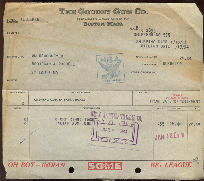1934 Goudey Gum Company invoice for Sport Kings and Indian Gum boxes