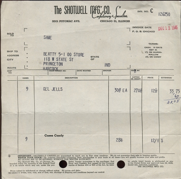 Lot of (6) Candy/Gum Invoices including Gum Inc, Leaf and American Chicle