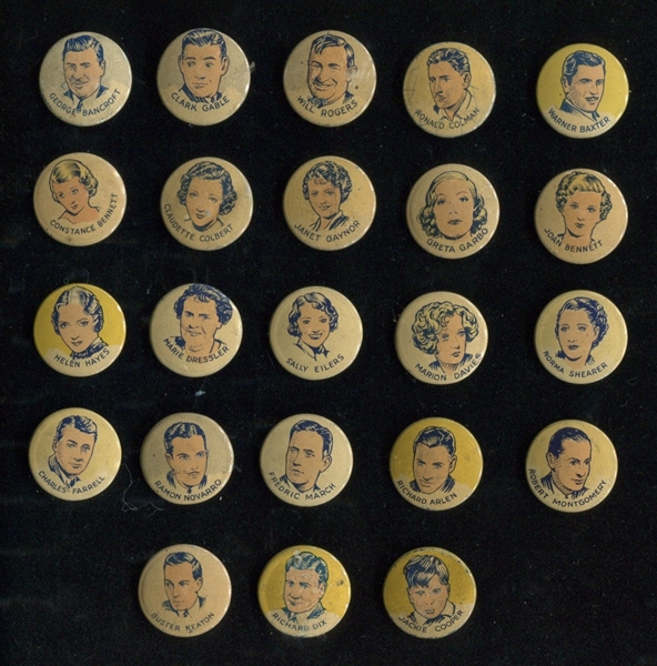1930's Button Gum / Cracker Jack Pinbacks Near Complete Set (23/25) Actors & Actresses