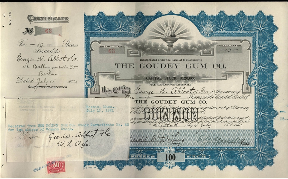 Fantastic Goudey Gum 1921 Stock Certificate signed by Goudey & Delong