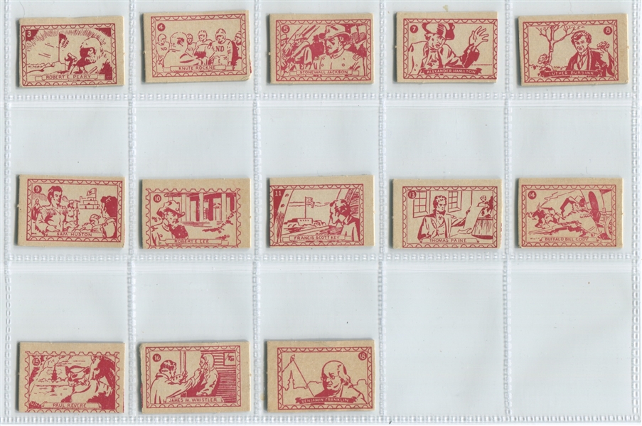 1950's Bazooka Gum Famous Americans Stamps Near Set (13/18) Cut from Trays
