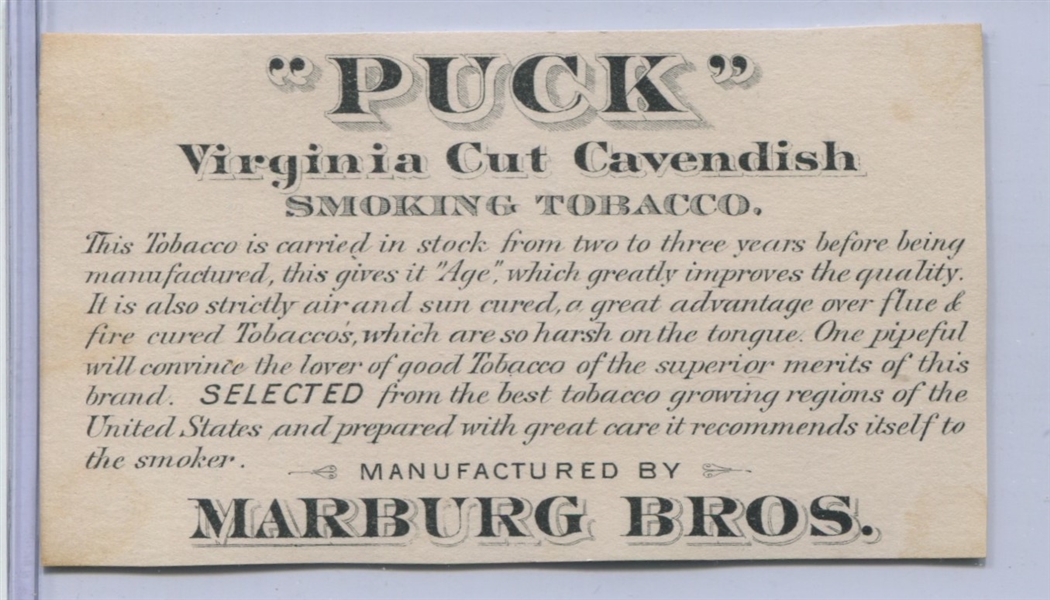Interesting Marburg Brothers Virginia Cut Cavendish Tobacco Puck Trade Card