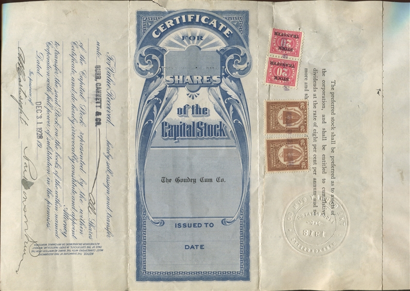 1928 Goudey Gum Stock Certificate Signed by Harold S. Delong