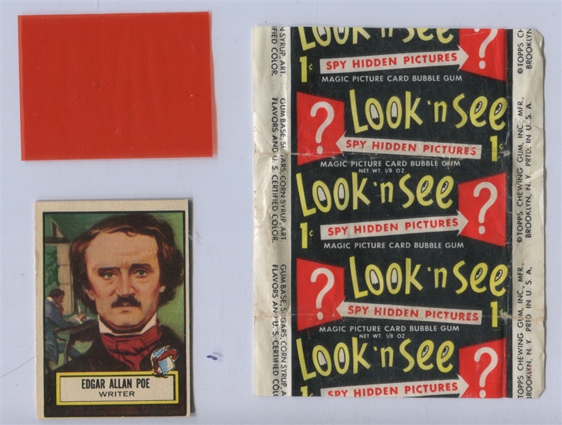 1952 Topps Look N See Wrapper, Card and Glassine - #79 Edgar Allen Poe