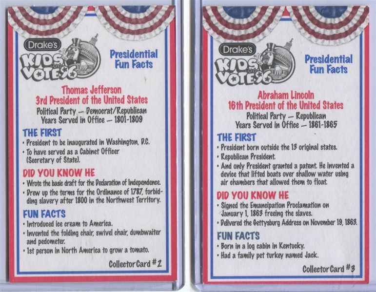 1996 Drake's Cakes Kids Vote '96 U.S. Presidents Cards Lot of (11) Different