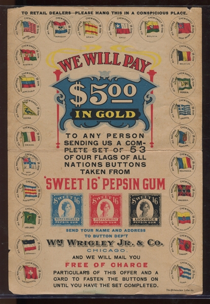 PE11 Wrigley's Gum Sweet 16 Pinbacks Advertising Sheet