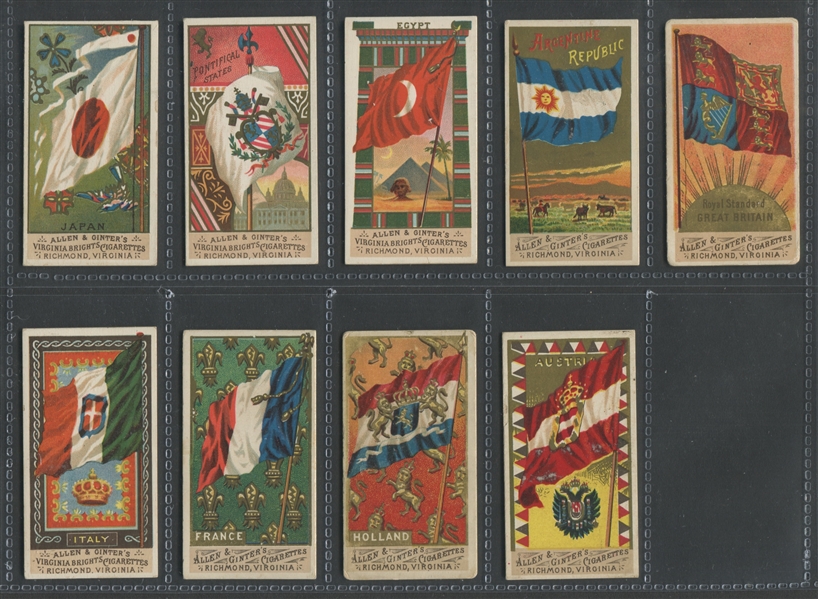 N9 Allen & Ginter Flags of all Nations. Lot of (9) Flags with Fancy Variations