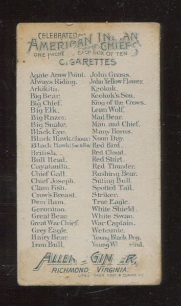 N2 Allen & Ginter American Indians White Swan ERROR Card 