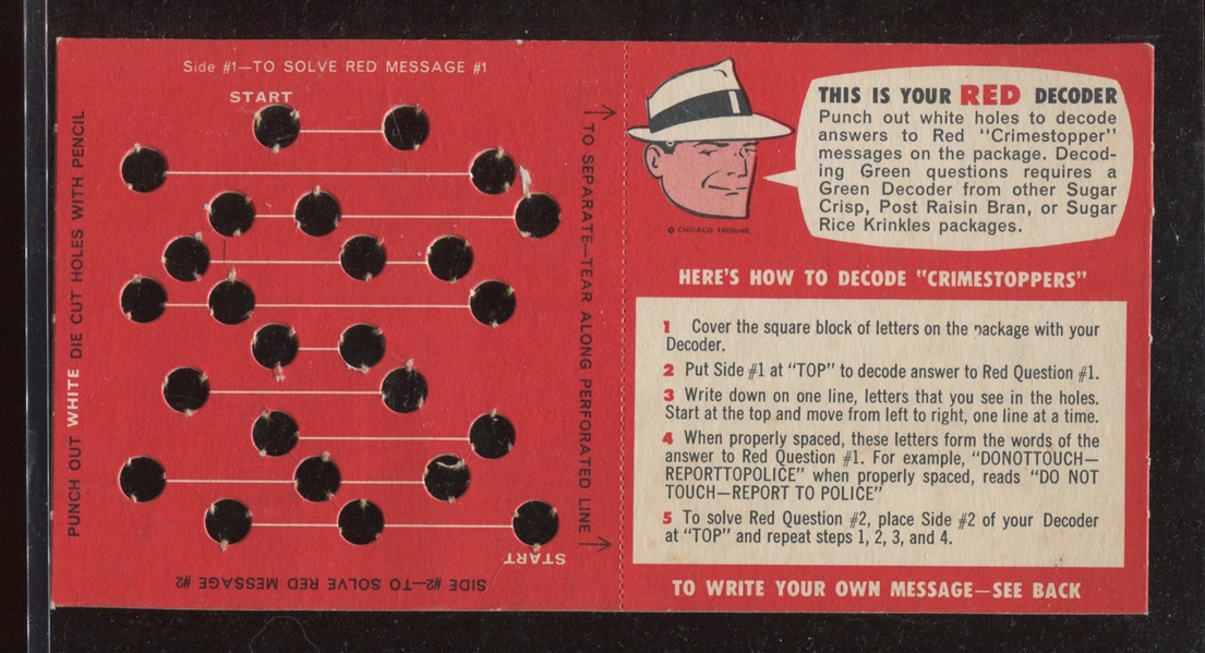1950s Kellogg's Dick Tracy Crimestoppers Decoder Card 