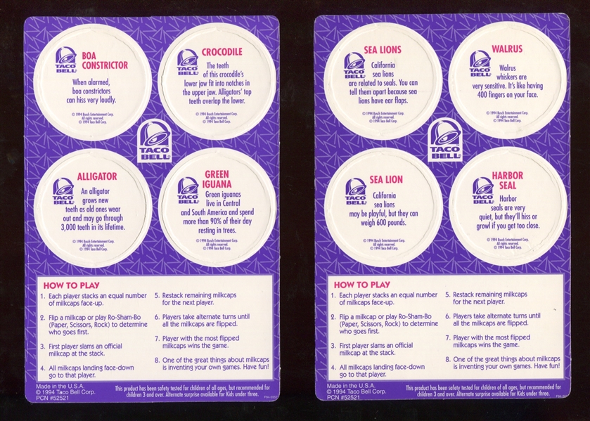 1994 Taco Bell/Busch Gardens/Sea World Wildlife Milk Cap Die-Cut Cards Large (3 Diff.) and Small (7 Diff.)