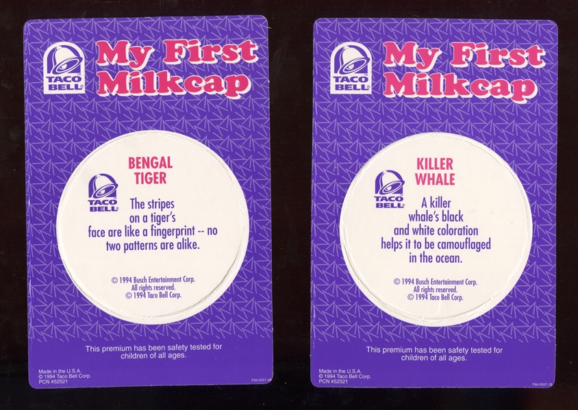 1994 Taco Bell/Busch Gardens/Sea World Wildlife Milk Cap Die-Cut Cards Large (3 Diff.) and Small (7 Diff.)