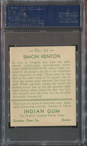 R73 Goudey Gum Indian Gum #63 Simon Kenton PSA7 NM