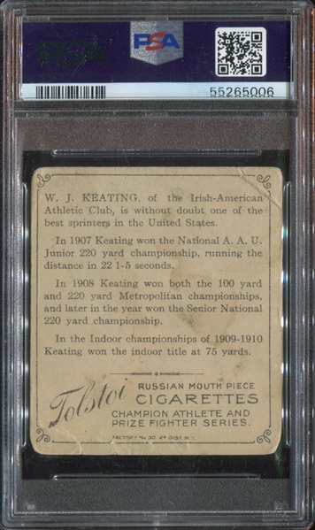 T218 Tolstoi Champion Athletes - W. J. Keating Tolstoi Back Card