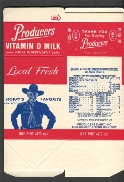 F-UNC Producers Milk Hopalong Cassidy Unused Milk Carton Lot of (6) 