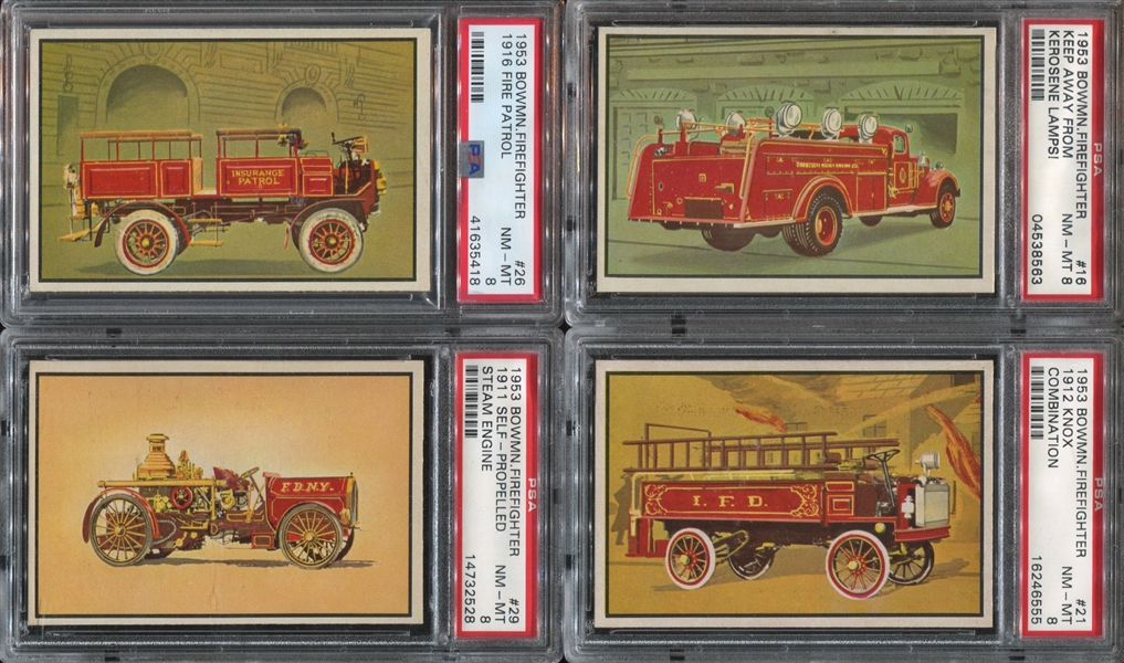 1954 Bowman Fire Fighters Lot of (4) PSA8 NM-MT Graded Cards