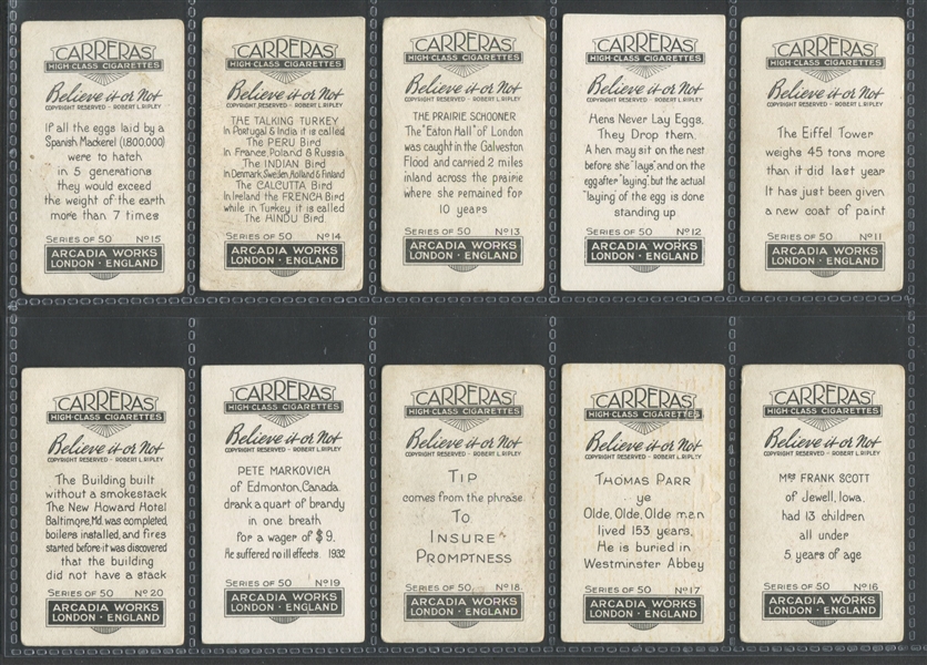 1934 Carreras Cigarettes Believe It or Not Complete Set of (50) Cards