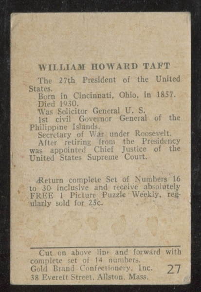 R115 Gold Brand Confectionery Jig Saw Nougat Presidents #27 William Howard Taft