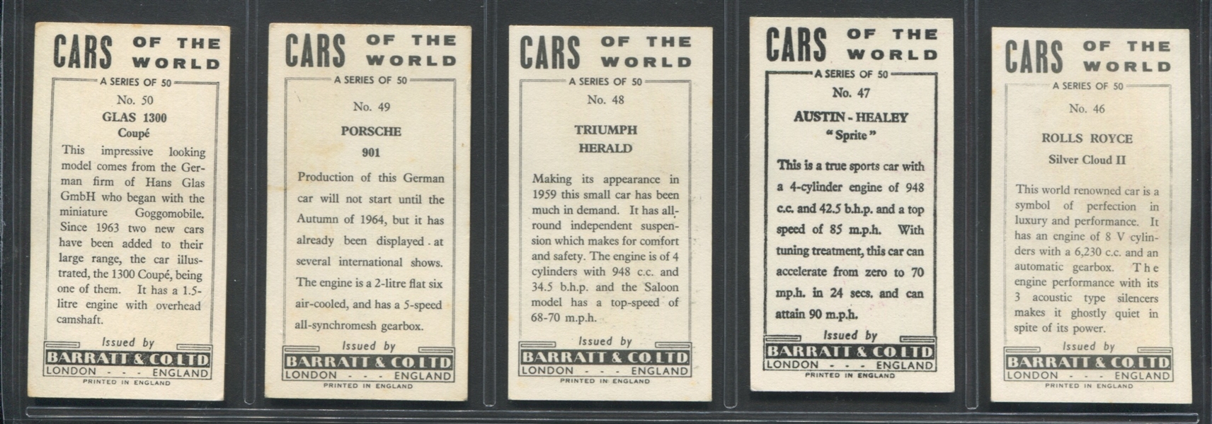 1965 Barratt & Co Cars of the World Complete Set of (50) Cards