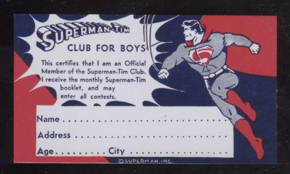 Late 1940's Superman-Tim Clothing Stores Lot of (11) pieces with Cards, Membership Card and Coupon