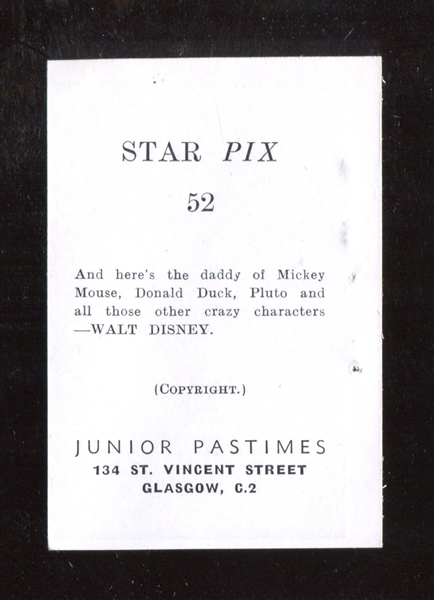 1950's Junior Pastimes Star Pix #52 Walt Disney Card