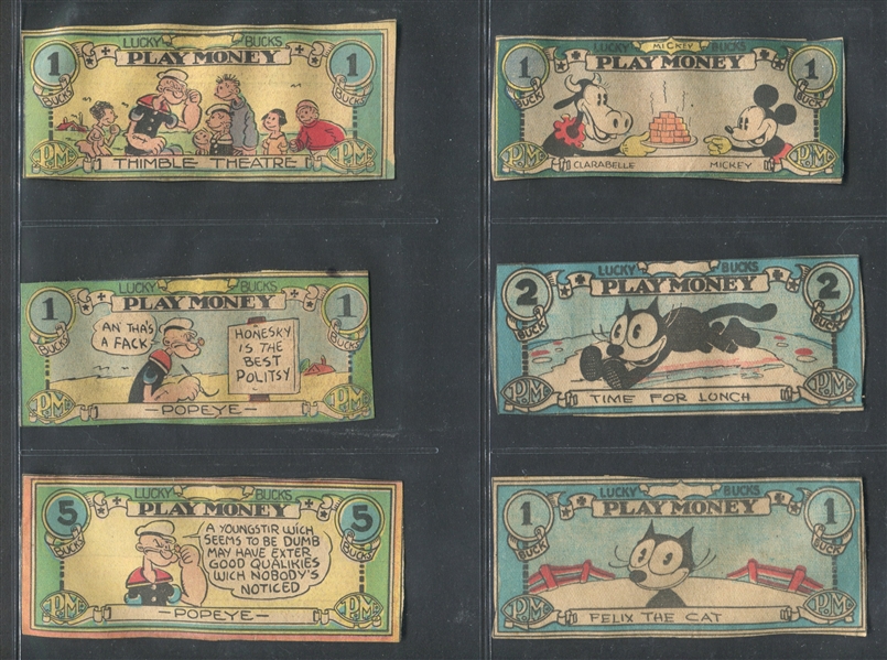 1930s Sunday Newspaper Comics Play Money (6 Different) - Including Popeye, Felix, Mickey Mouse