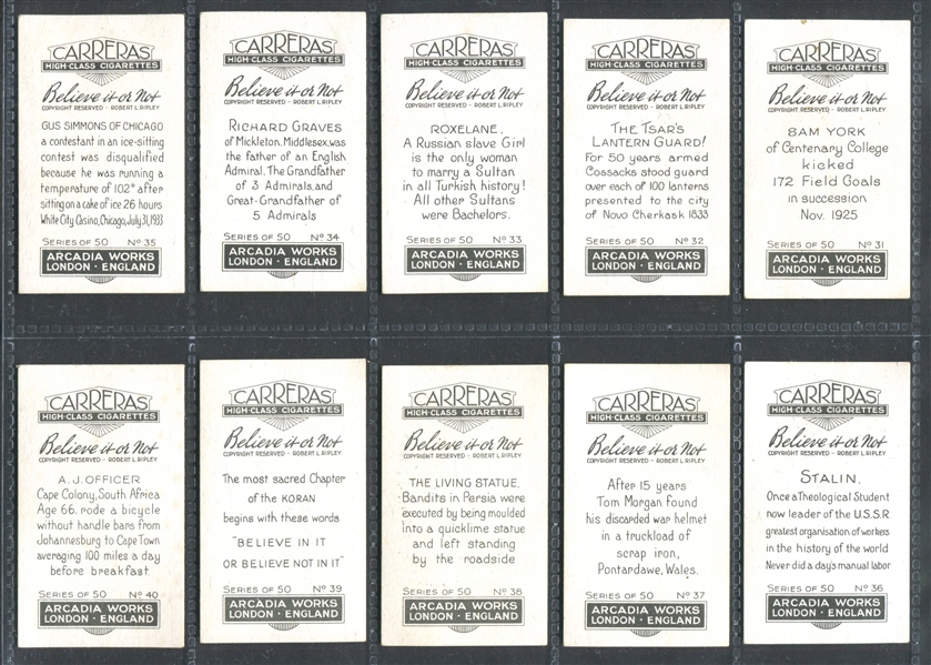 1934 Carreras Cigarettes Believe It or Not Complete Set of (50) Cards