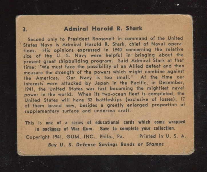 R164 Gum Inc War Gum #3 Admiral Harold R. Stark COLOR VARIATION
