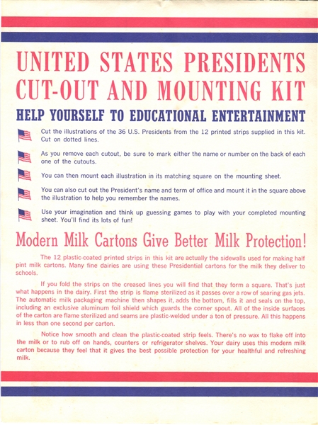 F110 Sealright Milk U.S. Presidents Cut-Out and Mounting Kit COMPLETE W/Original Mailer