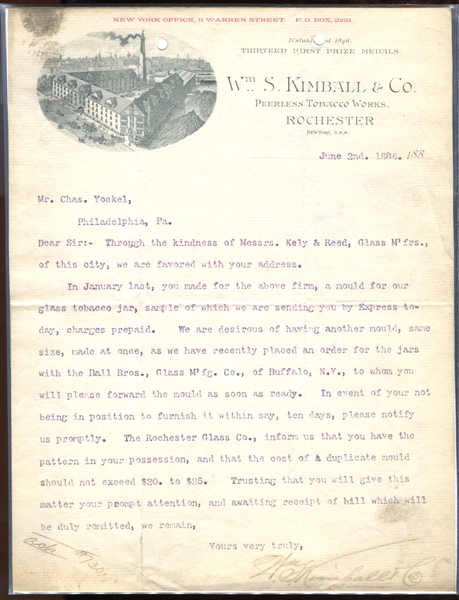 1886 W. S. Kimball Autographed Letter on Company Letterhead