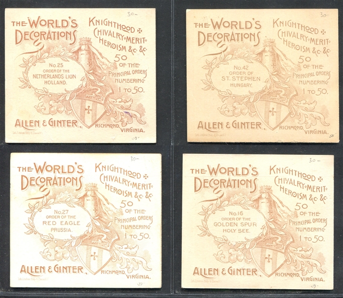 N44 Allen & Ginter World's Decorations Lot of (8) Higher Grade Cards