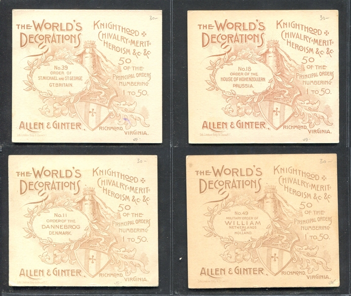 N44 Allen & Ginter World's Decorations Lot of (8) Higher Grade Cards