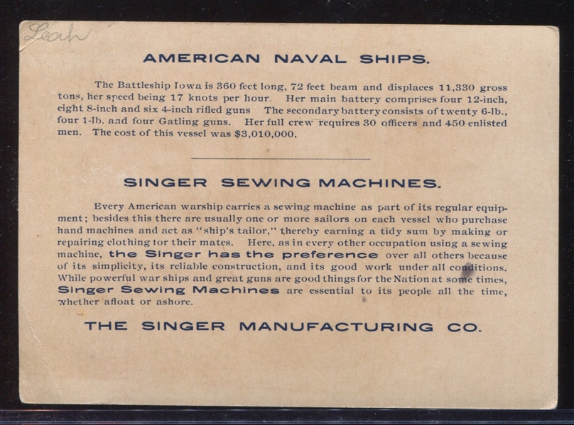 H620 Singer Sewing Machines Warships Type Card U.S. Battleship Iowa