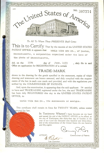 Incredible 1933 Goudey Sea Raiders Original U.S. Patent and Associated Paperwork