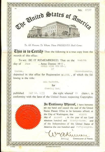 Incredible 1933 Goudey Sea Raiders Original U.S. Patent and Associated Paperwork