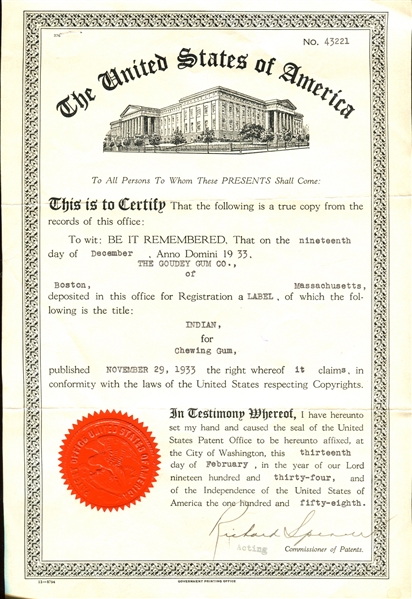 1933 Goudey Indian Gum Label Patent Document