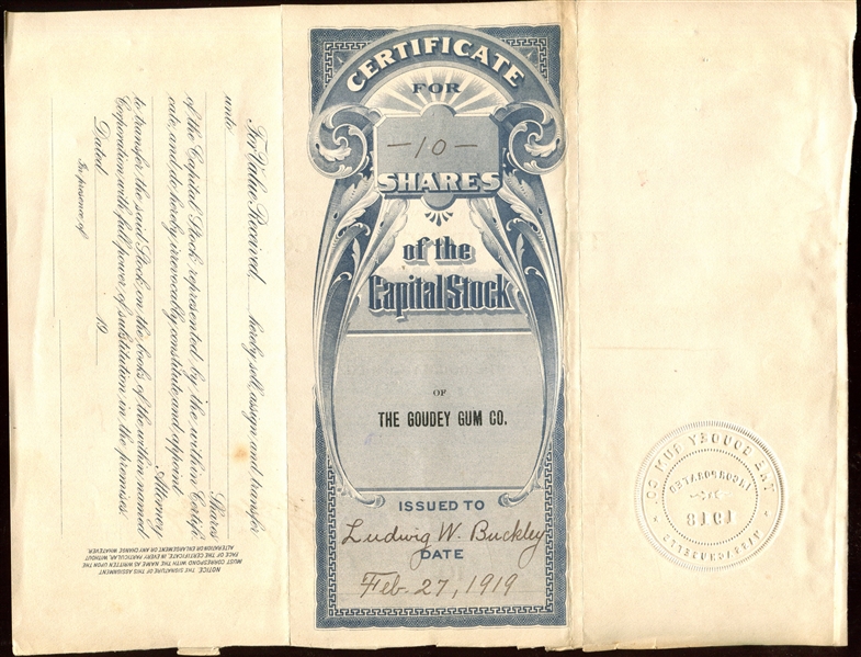 Vintage Goudey Gum Stock Certificate