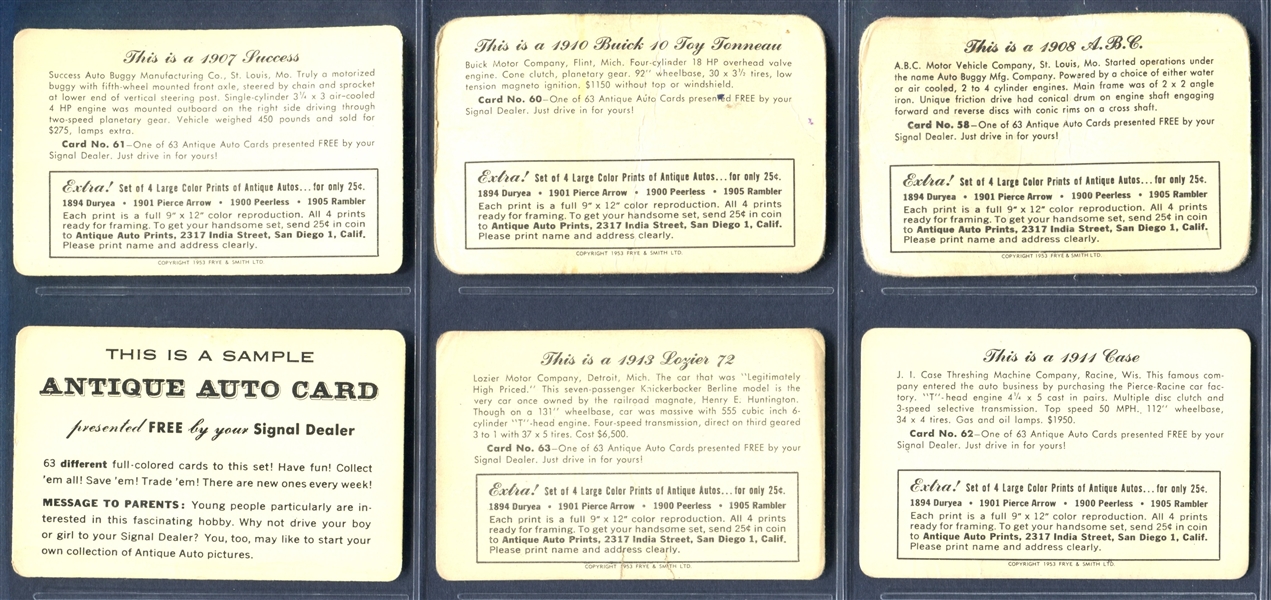 UO5 Signal Oil Antique Autos Near Set of (41/63) Card Plus Sample Card
