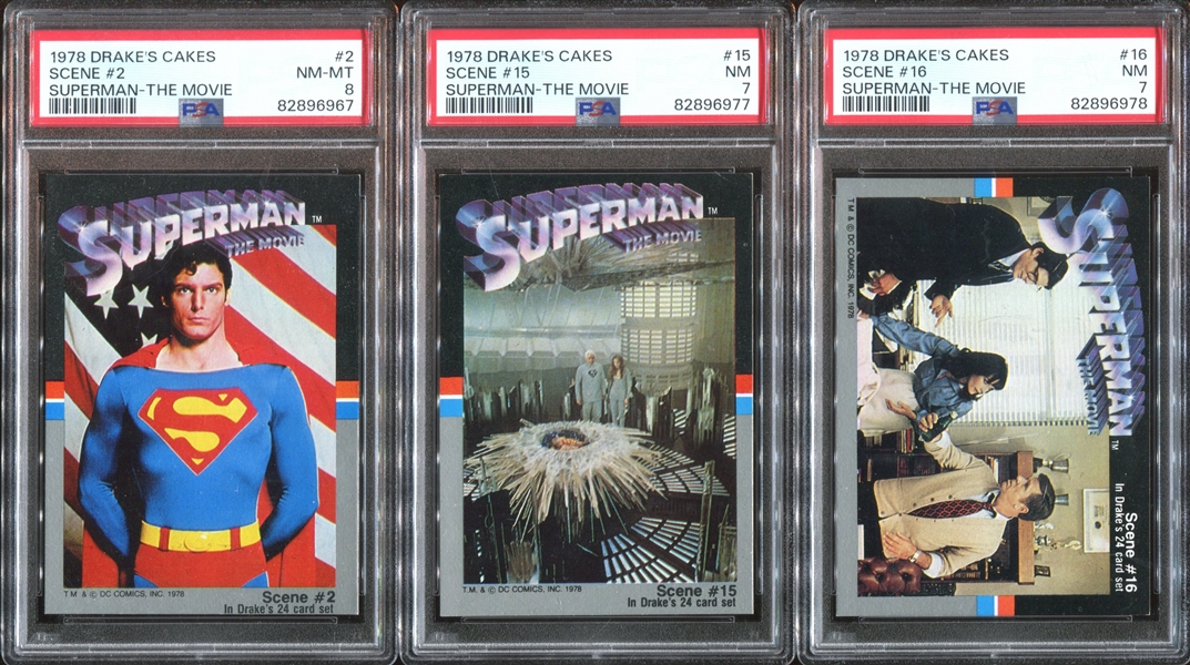1978 Drakes Cakes Superman: The Movie Complete PSA-Graded Lot of (7) Cards