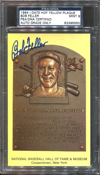 Bob Feller Autographed Yellow Hall of Fame Plaque PSA/DNA Mint 9