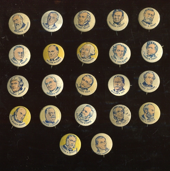1930's Button Gum / Cracker Jack PR4 Presidents Pinbacks Lot of (22) Different