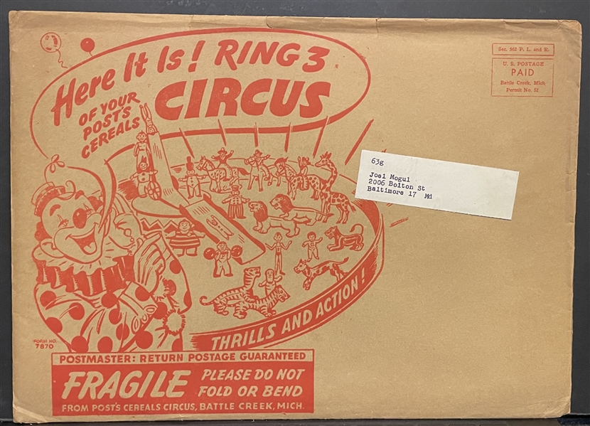 F-UNC Post Cereal Circus (1947) Ring 2 and 3 With Mailing Envelopes