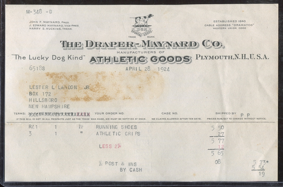 1924 Draper-Maynard Athletic Goods Billhead