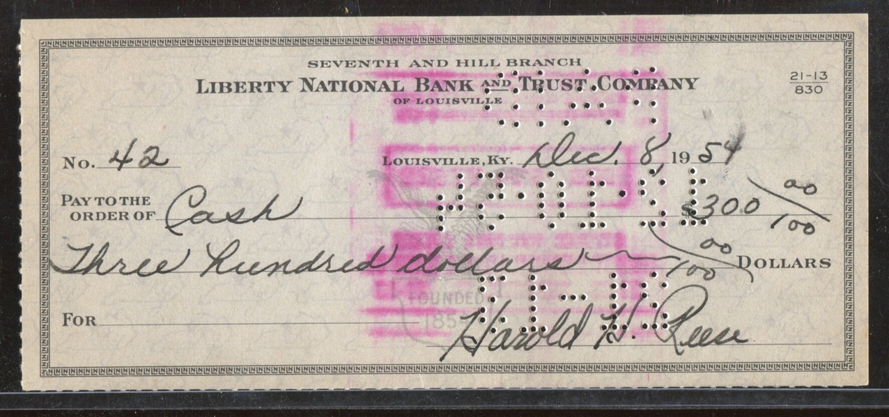 Fantastic 1964 Twice-Signed Harold Pee Wee Reese Personal Check Made to Cash