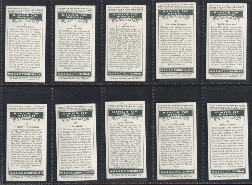 1939 Churchman's Kings of Speed Complete Set of (50) Cards