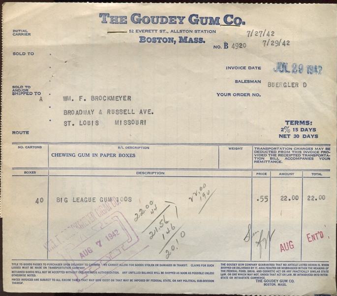 1942 Goudey Gum Company Invoice for Big League Gum