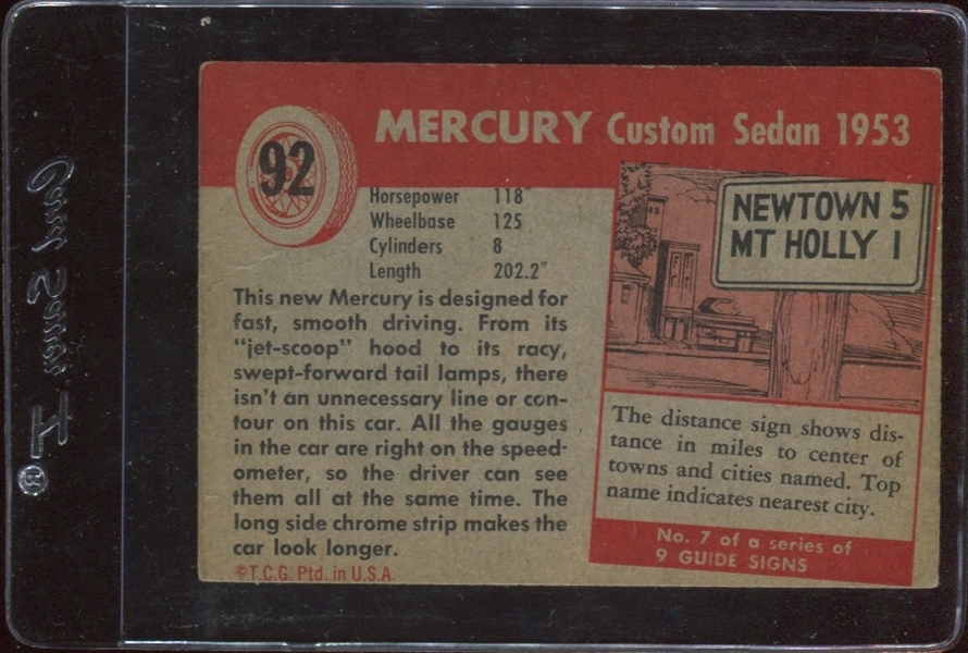 1954 Topps World of Wheels #92 Mercury Custom - 1953 Error Card